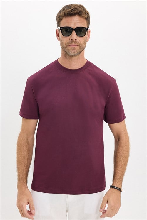 Erkek Loose Fit Rahat Kesim %100 Pamuk Yumuşak Dokulu Kısa Kollu Bordo Bisiklet Yaka Tişört