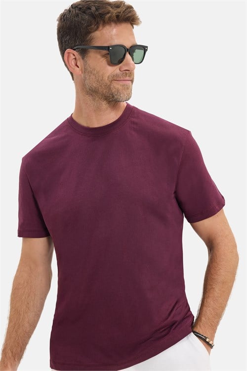 Erkek Loose Fit Rahat Kesim %100 Pamuk Yumuşak Dokulu Kısa Kollu Bordo Bisiklet Yaka Tişört