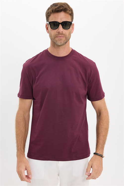 Erkek Loose Fit Rahat Kesim %100 Pamuk Yumuşak Dokulu Kısa Kollu Bordo Bisiklet Yaka Tişört