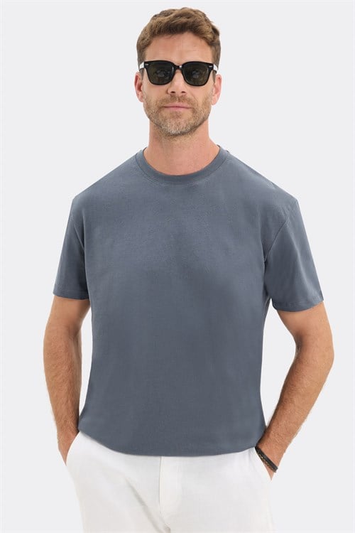 Erkek Loose Fit Rahat Kesim %100 Pamuk Yumuşak Dokulu Kısa Kollu Gri Bisiklet Yaka Tişört