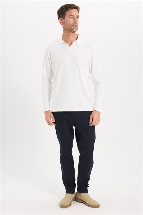 Erkek Slim Fit Dar Kesim Pamuklu Ekstra Soft Modal Kumaş Çizgili Beyaz Polo Yaka Sweatshirt