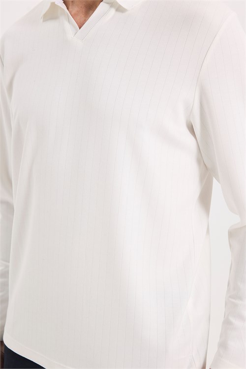 Erkek Slim Fit Dar Kesim Pamuklu Ekstra Soft Modal Kumaş Çizgili Beyaz Polo Yaka Sweatshirt
