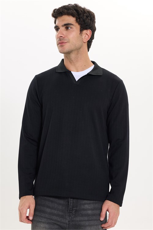 Erkek Slim Fit Dar Kesim Pamuklu Ekstra Soft Modal Kumaş Çizgili Siyah Polo Yaka Sweatshirt