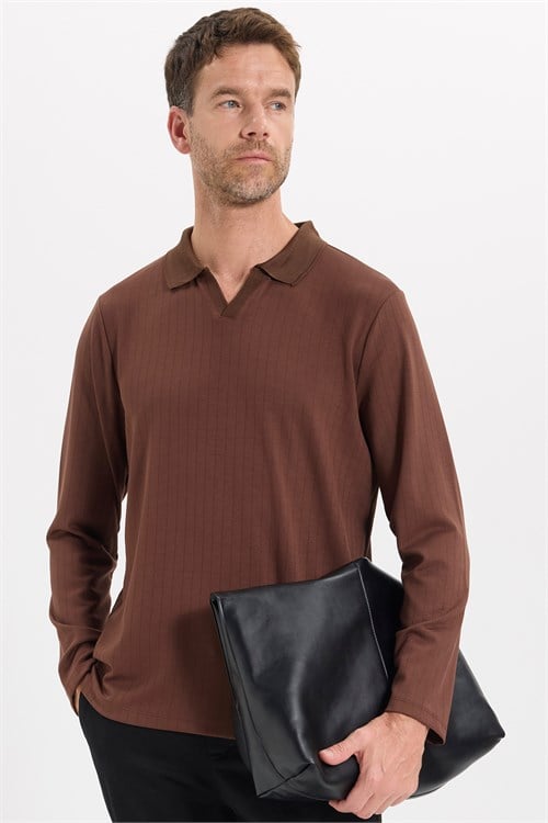 Erkek Slim Fit Dar Kesim Pamuklu Ekstra Soft Modal Kumaş Çizgili Kahverengi Polo Yaka Sweatshirt