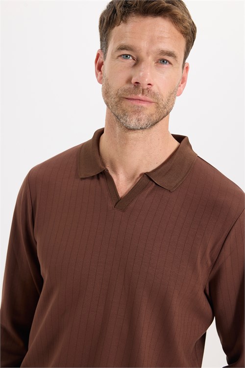 Erkek Slim Fit Dar Kesim Pamuklu Ekstra Soft Modal Kumaş Çizgili Kahverengi Polo Yaka Sweatshirt