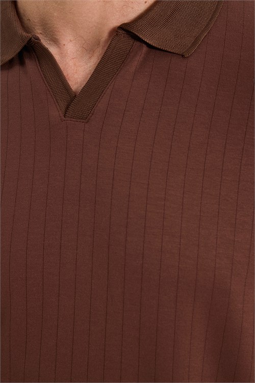 Erkek Slim Fit Dar Kesim Pamuklu Ekstra Soft Modal Kumaş Çizgili Kahverengi Polo Yaka Sweatshirt