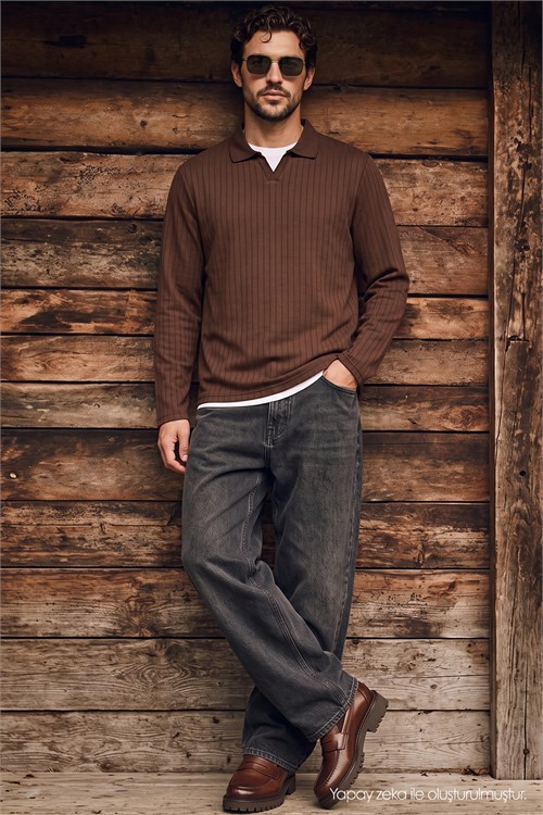 Erkek Slim Fit Dar Kesim Pamuklu Ekstra Soft Modal Kumaş Çizgili Kahverengi Polo Yaka Sweatshirt
