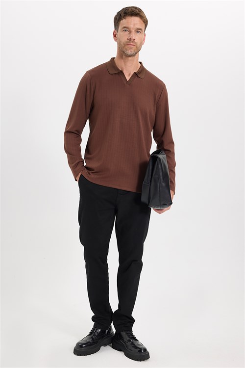 Erkek Slim Fit Dar Kesim Pamuklu Ekstra Soft Modal Kumaş Çizgili Kahverengi Polo Yaka Sweatshirt