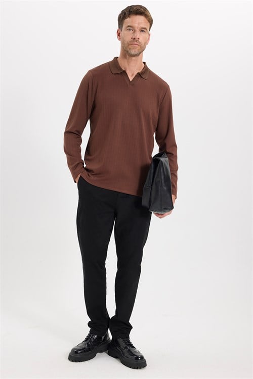Erkek Slim Fit Dar Kesim Pamuklu Ekstra Soft Modal Kumaş Çizgili Kahverengi Polo Yaka Sweatshirt