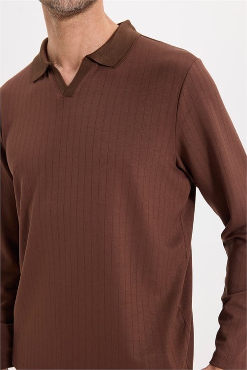 Erkek Slim Fit Dar Kesim Pamuklu Ekstra Soft Modal Kumaş Çizgili Kahverengi Polo Yaka Sweatshirt