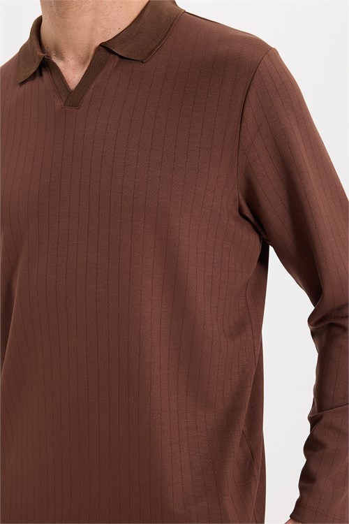 Erkek Slim Fit Dar Kesim Pamuklu Ekstra Soft Modal Kumaş Çizgili Kahverengi Polo Yaka Sweatshirt