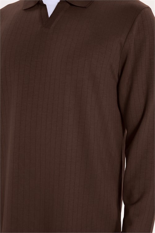 Erkek Slim Fit Dar Kesim Pamuklu Ekstra Soft Modal Kumaş Çizgili Kahverengi Polo Yaka Sweatshirt