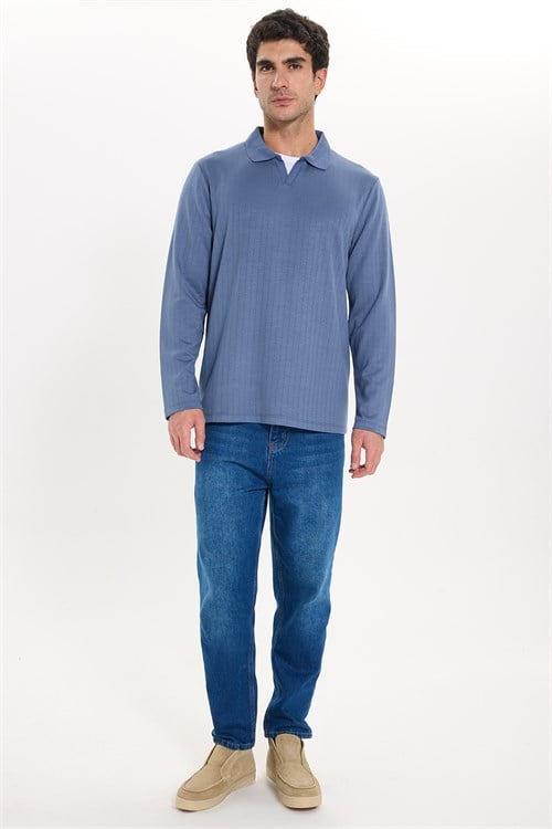 Erkek Slim Fit Dar Kesim Pamuklu Ekstra Soft Modal Kumaş Çizgili Koyu Mavi Polo Yaka Sweatshirt