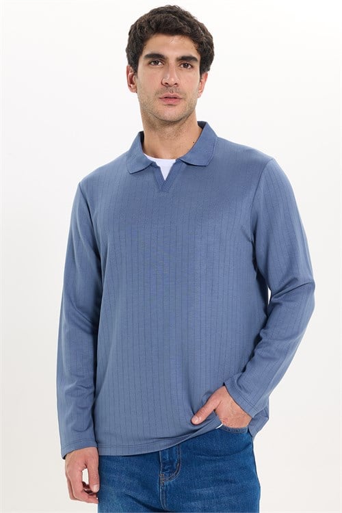 Erkek Slim Fit Dar Kesim Pamuklu Ekstra Soft Modal Kumaş Çizgili Koyu Mavi Polo Yaka Sweatshirt