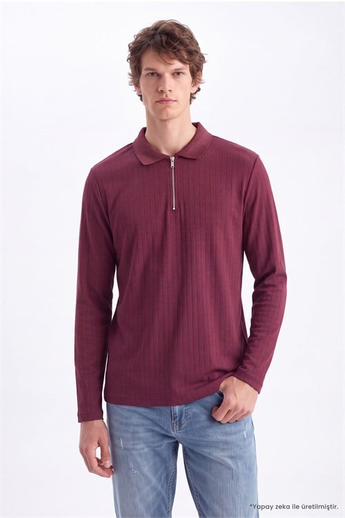 Erkek Slim Fit Dar Kesim Oysh Kumaş Fermuarlı Polo Yaka Çizgili Bordo Sweatshirt