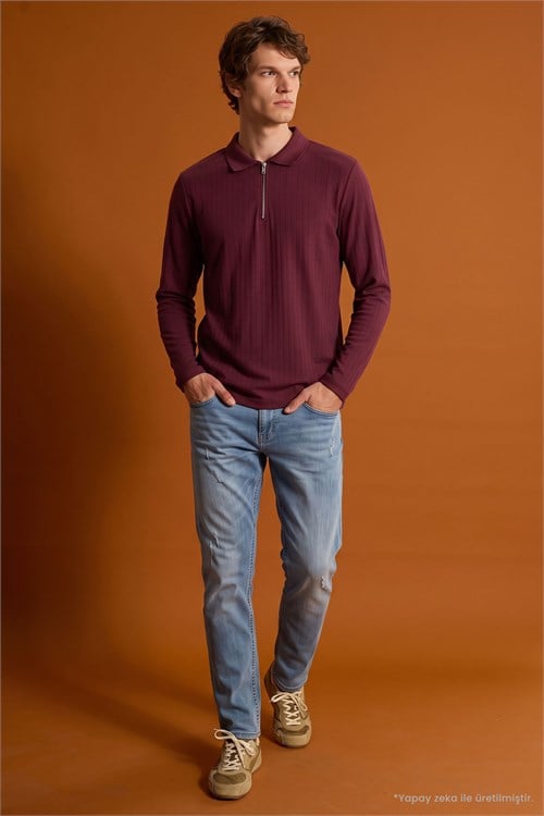 Erkek Slim Fit Dar Kesim Oysh Kumaş Fermuarlı Polo Yaka Çizgili Bordo Sweatshirt