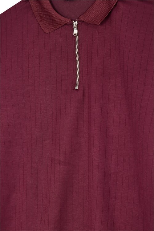 Erkek Slim Fit Dar Kesim Oysh Kumaş Fermuarlı Polo Yaka Çizgili Bordo Sweatshirt