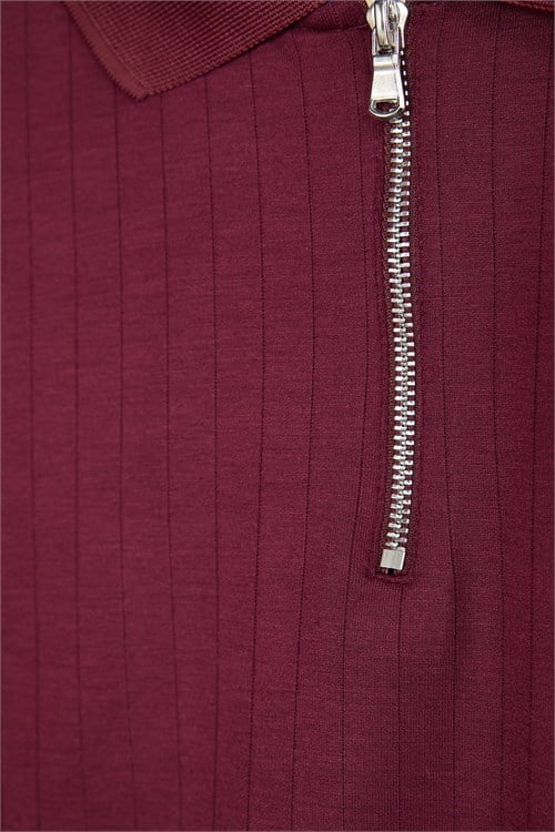 Erkek Slim Fit Dar Kesim Oysh Kumaş Fermuarlı Polo Yaka Çizgili Bordo Sweatshirt