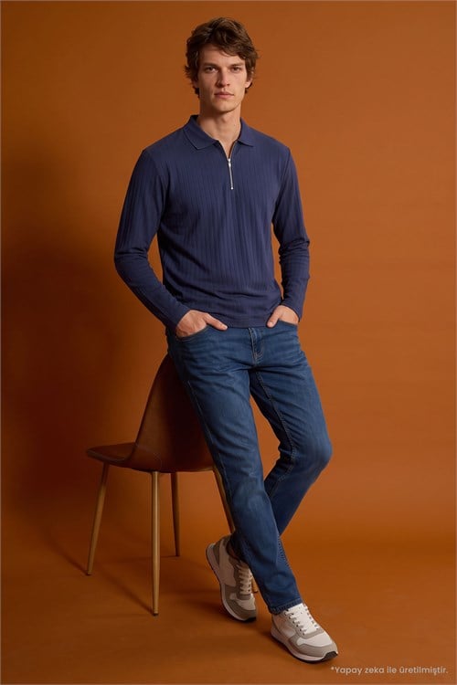 Erkek Slim Fit Dar Kesim Oysh Kumaş Fermuarlı Polo Yaka Çizgili Lacivert Sweatshirt