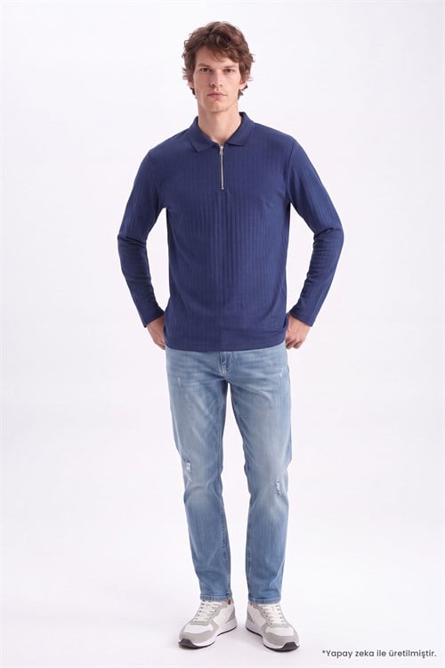 Erkek Slim Fit Dar Kesim Oysh Kumaş Fermuarlı Polo Yaka Çizgili Lacivert Sweatshirt