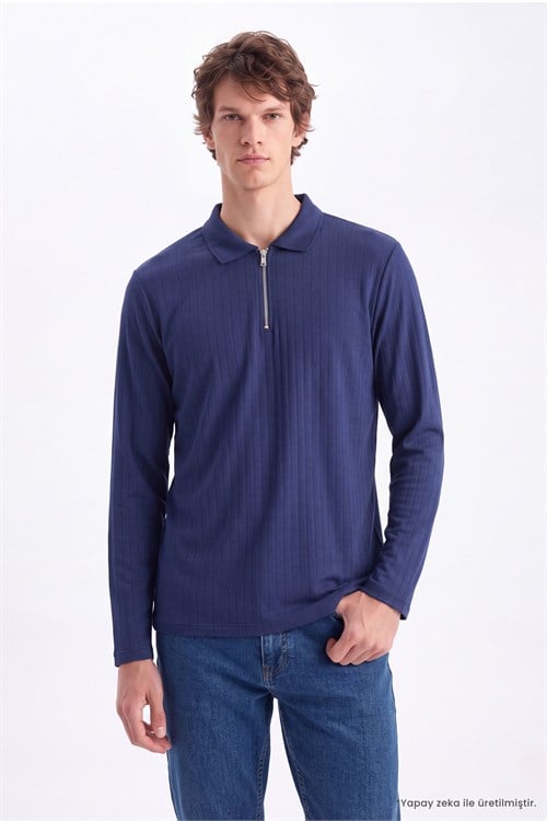 Erkek Slim Fit Dar Kesim Oysh Kumaş Fermuarlı Polo Yaka Çizgili Lacivert Sweatshirt