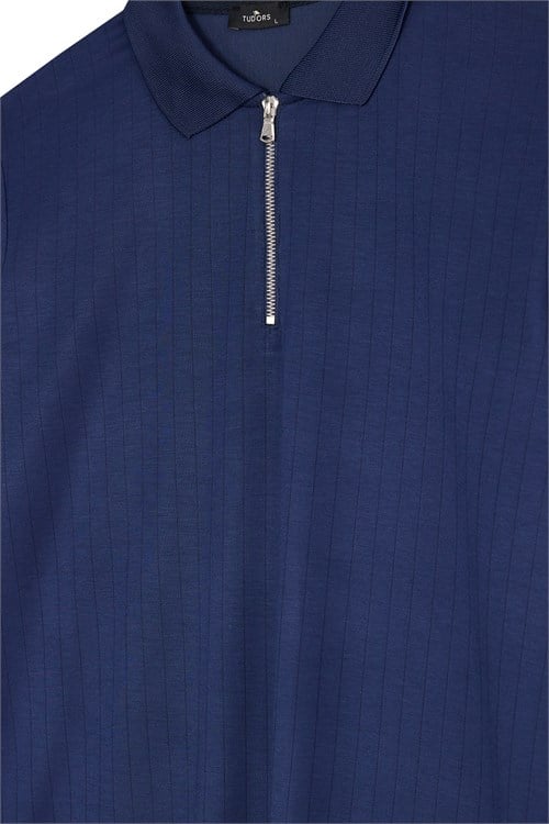 Erkek Slim Fit Dar Kesim Oysh Kumaş Fermuarlı Polo Yaka Çizgili Lacivert Sweatshirt