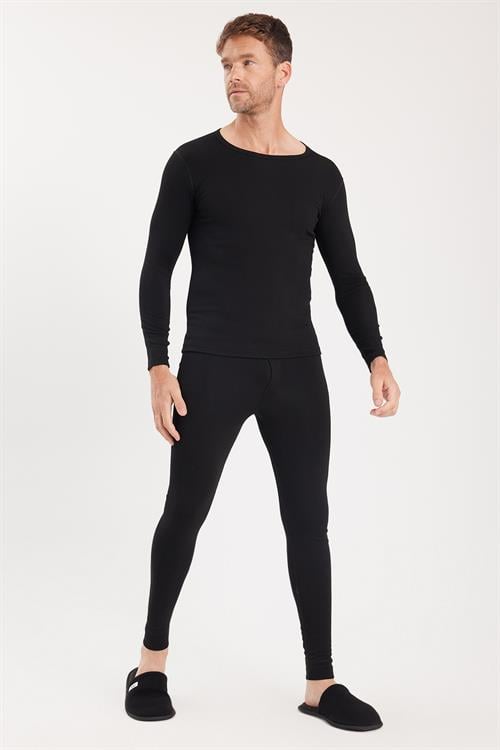 Erkek Slim Fit Dar Kesim Bisiklet Yaka Siyah Termal Alt Üst Takım