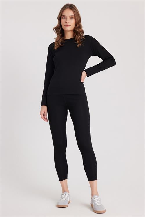 Kadın Slim Fit Dar Kesim Bisiklet Yaka Siyah Termal Alt Üst Takım