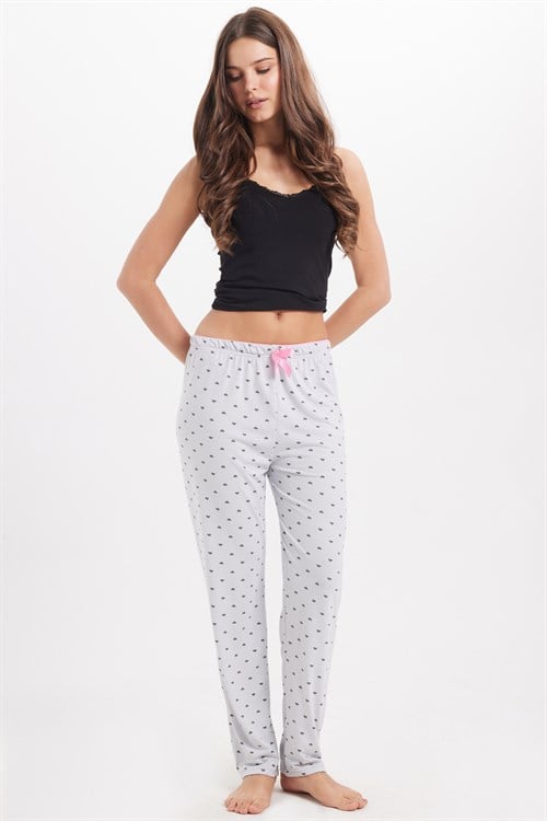 Kadın Regular Fit Klasik Kesim Viskon Beli Lastikli Fiyonk Detaylı Baskılı Gri Pijama Altı