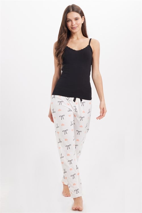 Kadın Regular Fit Klasik Kesim Viskon Beli Lastikli Fiyonk Detaylı Baskılı Beyaz Pijama Altı