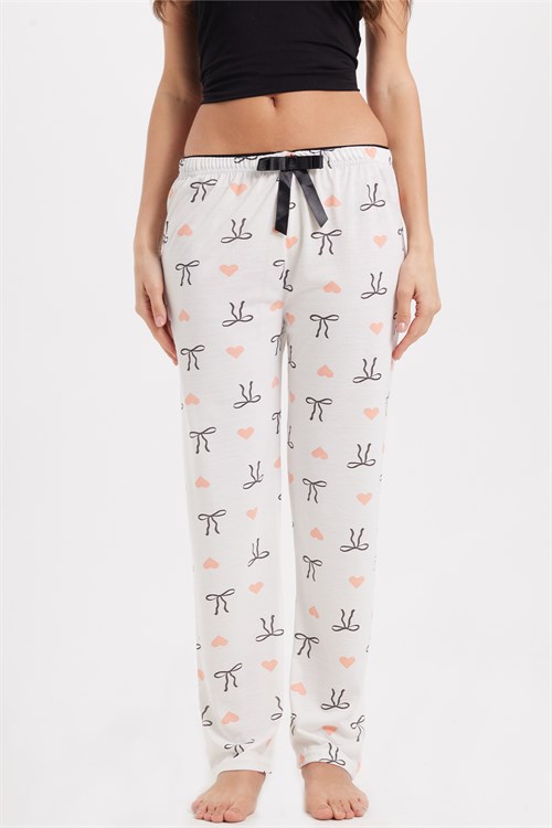 Kadın Regular Fit Klasik Kesim Viskon Beli Lastikli Fiyonk Detaylı Baskılı Beyaz Pijama Altı
