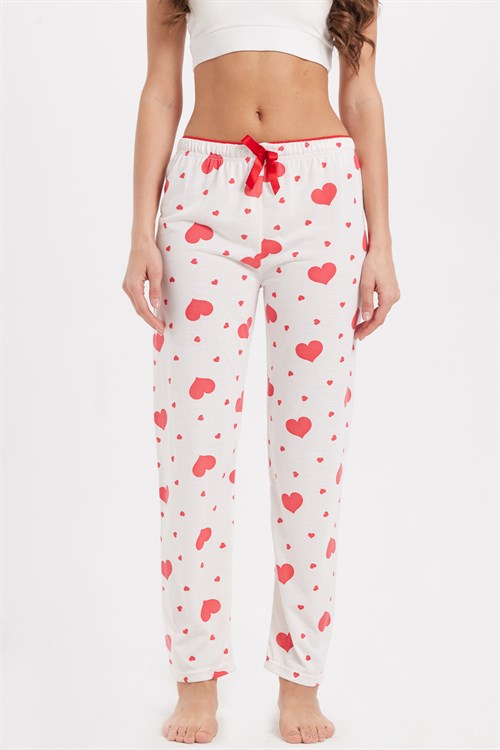 Kadın Regular Fit Klasik Kesim Viskon Beli Lastikli Fiyonk Detaylı Baskılı Beyaz Pijama Altı