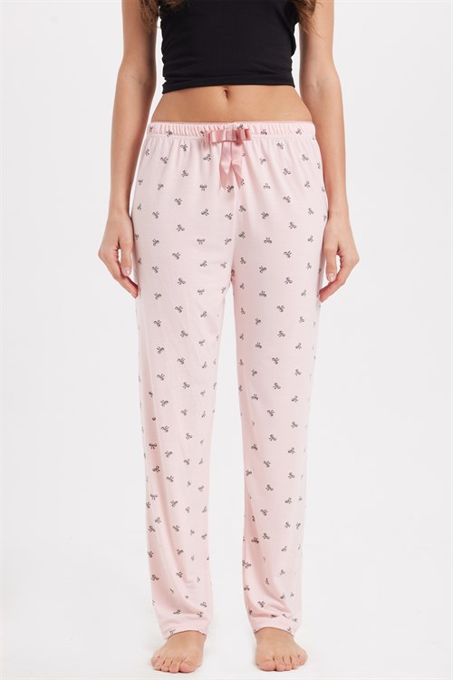 Kadın Regular Fit Klasik Kesim Viskon Beli Lastikli Fiyonk Detaylı Baskılı Pembe Pijama Altı
