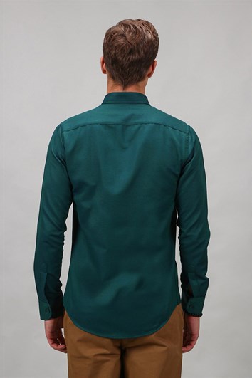 Erkek Slim Fit Dar Kesim Uzun Kollu Pamuklu Oxford Doku Kolay Ütülenebilir Yeşil Düğmeli Yaka Gömlek