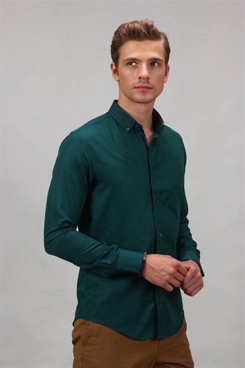 Erkek Slim Fit Dar Kesim Uzun Kollu Pamuklu Oxford Doku Kolay Ütülenebilir Yeşil Düğmeli Yaka Gömlek