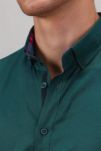 Erkek Slim Fit Dar Kesim Uzun Kollu Pamuklu Oxford Doku Kolay Ütülenebilir Yeşil Düğmeli Yaka Gömlek