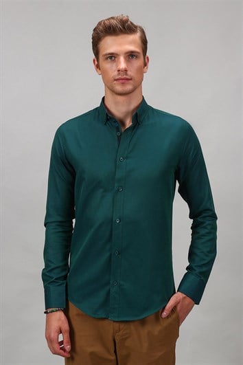 Erkek Slim Fit Dar Kesim Uzun Kollu Pamuklu Oxford Doku Kolay Ütülenebilir Yeşil Düğmeli Yaka Gömlek