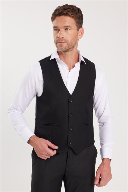 Erkek Slim Fit Düz Cepli Siyah Yelek