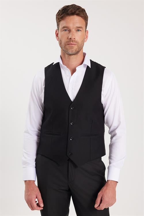 Erkek Slim Fit Düz Cepli Siyah Yelek