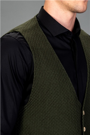 Erkek Slim Fit Dar Kesim Pamuklu Desenli Haki Yelek