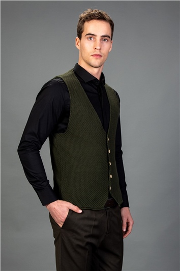 Erkek Slim Fit Dar Kesim Pamuklu Desenli Haki Yelek
