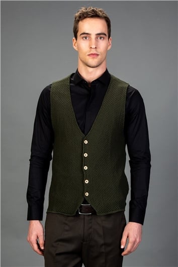 Erkek Slim Fit Dar Kesim Pamuklu Desenli Haki Yelek