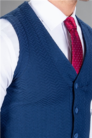 Erkek Slim Fit Kendinden Desenli İndigo Yelek