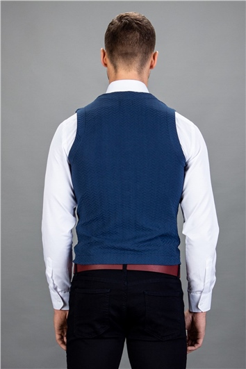 Erkek Slim Fit Kendinden Desenli İndigo Yelek