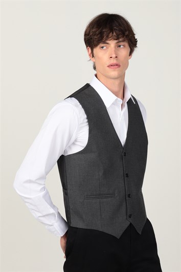 Erkek Slim Fit Çift Cep Fletolu Pensli Gri Yelek