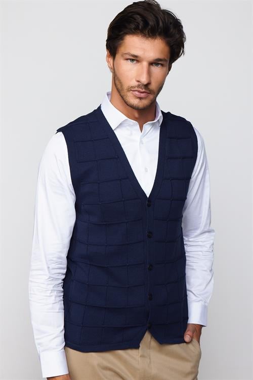 Slim Fit Kare Desenli Lacivert Erkek Yelek