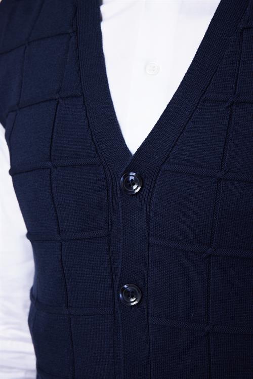 Slim Fit Kare Desenli Lacivert Erkek Yelek