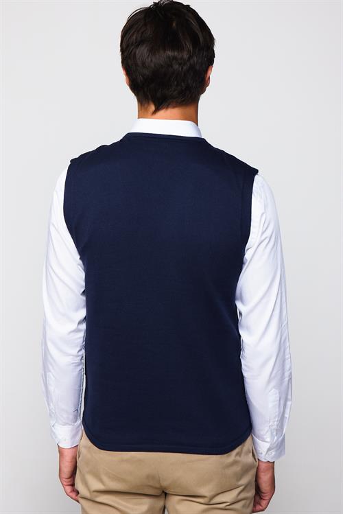 Slim Fit Kare Desenli Lacivert Erkek Yelek