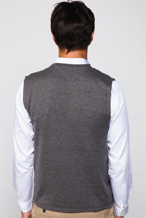Slim Fit Kare Desenli Gri Erkek Yelek