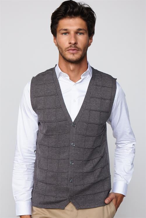 Slim Fit Kare Desenli Gri Erkek Yelek